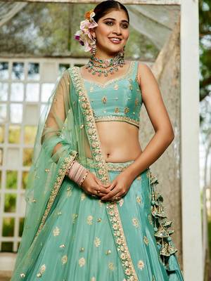 Sea Green Chinnon sequin embroidery Semi Stitched Lehenga choli with Dupatta 3