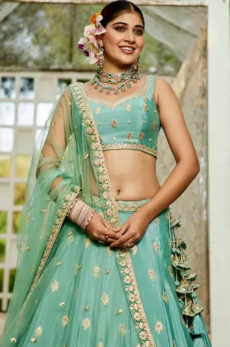 Sea Green Chinnon sequin embroidery Semi Stitched Lehenga choli with Dupatta