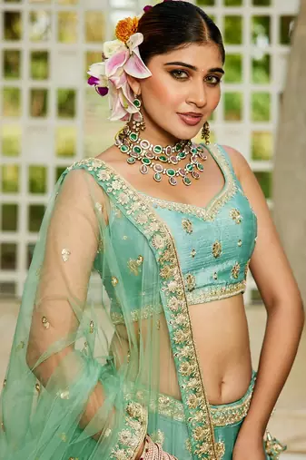 Sea Green Chinnon sequin embroidery Semi Stitched Lehenga choli with Dupatta