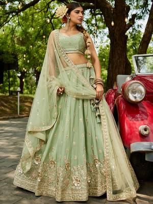 Lime Green Chinnon sequin embroidery Semi Stitched Lehenga choli with Dupatta 2