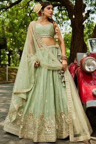 Lime Green Chinnon sequin embroidery Semi Stitched Lehenga choli with Dupatta