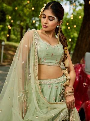 Lime Green Chinnon sequin embroidery Semi Stitched Lehenga choli with Dupatta 1