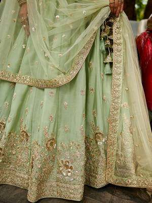 Lime Green Chinnon sequin embroidery Semi Stitched Lehenga choli with Dupatta 3