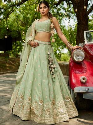 Lime Green Chinnon sequin embroidery Semi Stitched Lehenga choli with Dupatta 4