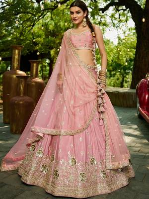 Pink Chinnon sequin embroidery Semi Stitched Lehenga choli with Dupatta 1