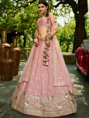 Pink Chinnon sequin embroidery Semi Stitched Lehenga choli with Dupatta 4