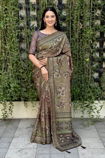 Green digital print silk blend saree with blouse