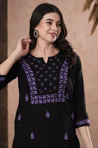 Hand embroidered black & purple cotton lucknowi chikankari women top