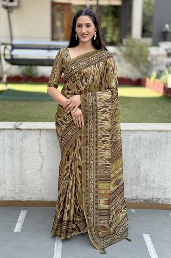 Dusty green digital print silk blend saree with blouse