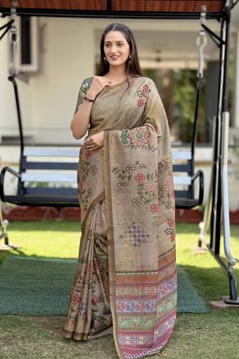 Chiku cream digital print silk blend saree with blouse