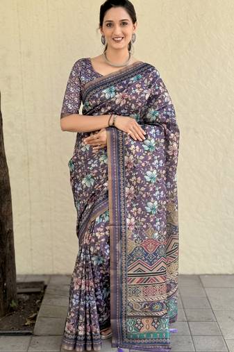Purple digital print silk blend saree with blouse