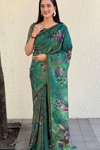 Parrot green digital print silk blend saree with blouse