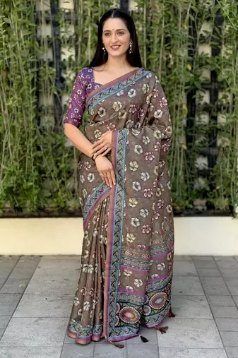 Chiku multi digital print silk blend saree with blouse