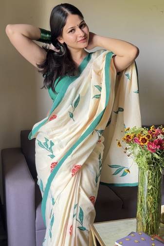 Cream hand block floral printed mul cotton saree with blouse