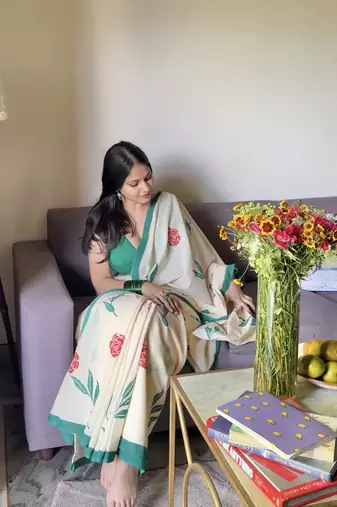 Cream hand block floral printed mul cotton saree with blouse