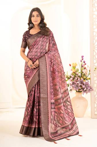 Cherry red digital print tusser silk zari border saree with blouse