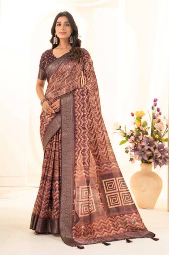 Maroon digital print tusser silk zari border saree with blouse