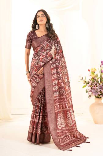 Light maroon digital print tusser silk zari border saree with blouse