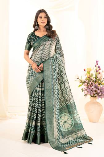 Bottle green digital print tusser silk zari border saree with blouse