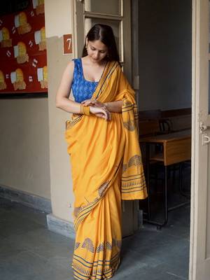 Mustard hand block printed mul cotton saree with blouse 3