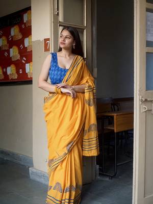 Mustard hand block printed mul cotton saree with blouse 1