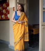Mustard hand block printed mul cotton saree with blouse