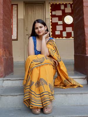 Mustard hand block printed mul cotton saree with blouse 4