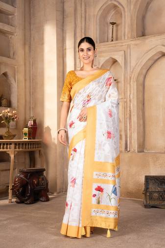 Yellow digital print lakhnavi saree with blouse