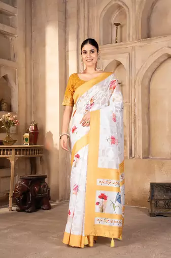 Yellow digital print lakhnavi saree with blouse