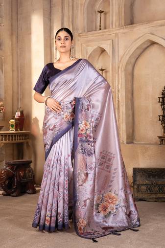 Lavender digital print silk blend saree with blouse