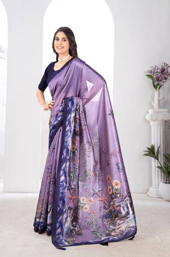Lavender digital print silk blend hand work saree with blouse