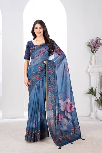 Blue digital print semi chanderi handwork saree with blouse
