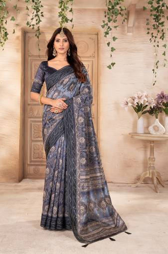 Grey digital print tussar silk hand work saree with blouse