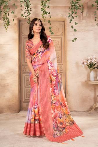 Gajari peach digital print chanderi silk hand work saree with blouse