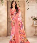 Gajari peach digital print chanderi silk hand work saree with blouse