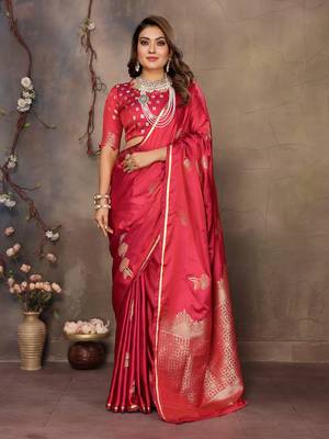 magenta Satin silk floral motifs zari weaving banarasi saree 1