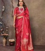 magenta Satin silk floral motifs zari weaving banarasi saree
