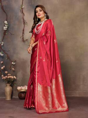 magenta Satin silk floral motifs zari weaving banarasi saree 3