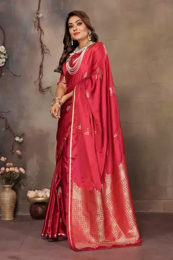 magenta Satin silk floral motifs zari weaving banarasi saree