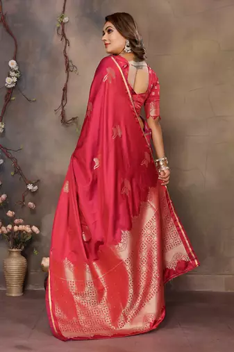 magenta Satin silk floral motifs zari weaving banarasi saree
