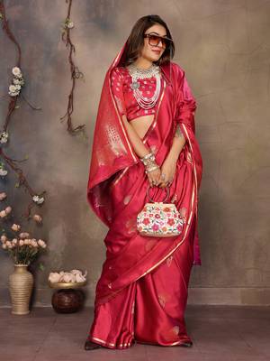 magenta Satin silk floral motifs zari weaving banarasi saree 5