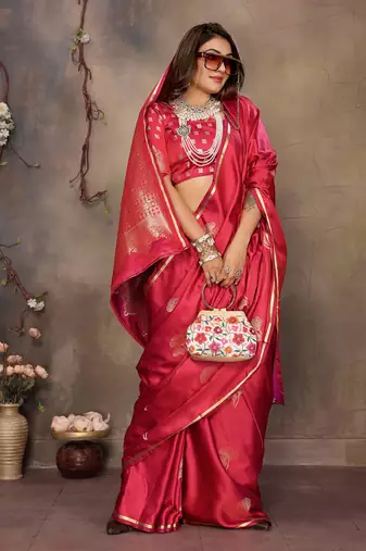 magenta Satin silk floral motifs zari weaving banarasi saree