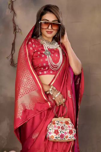 magenta Satin silk floral motifs zari weaving banarasi saree