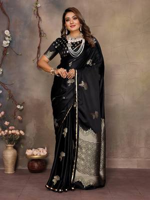 black Satin silk floral motifs zari weaving banarasi saree 1