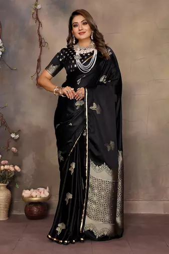 black Satin silk floral motifs zari weaving banarasi saree