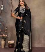 black Satin silk floral motifs zari weaving banarasi saree