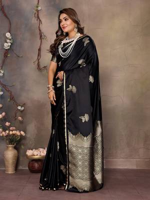 black Satin silk floral motifs zari weaving banarasi saree 3