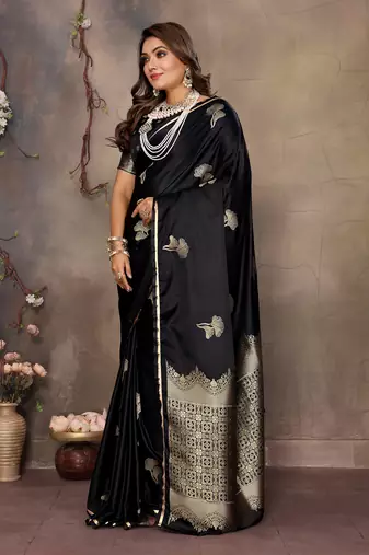 black Satin silk floral motifs zari weaving banarasi saree