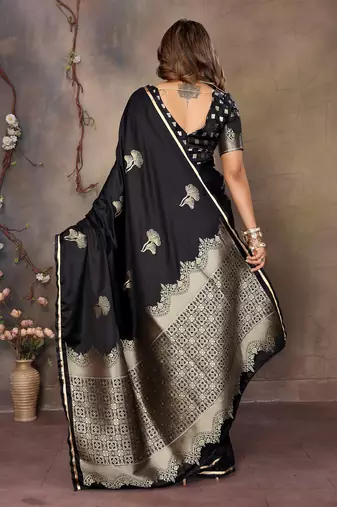 black Satin silk floral motifs zari weaving banarasi saree