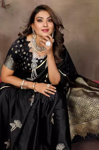 black Satin silk floral motifs zari weaving banarasi saree